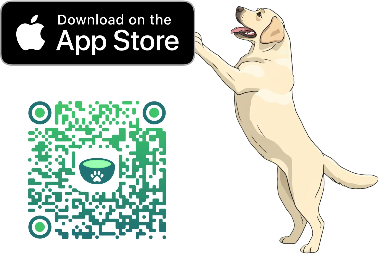 'Download on the App Store button', with a labnrador leaning on it