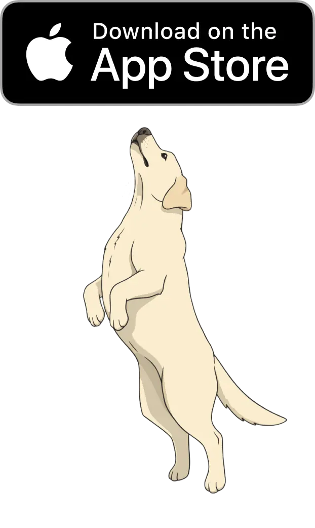 'Download on the App Store button', with a labnrador leaning on it