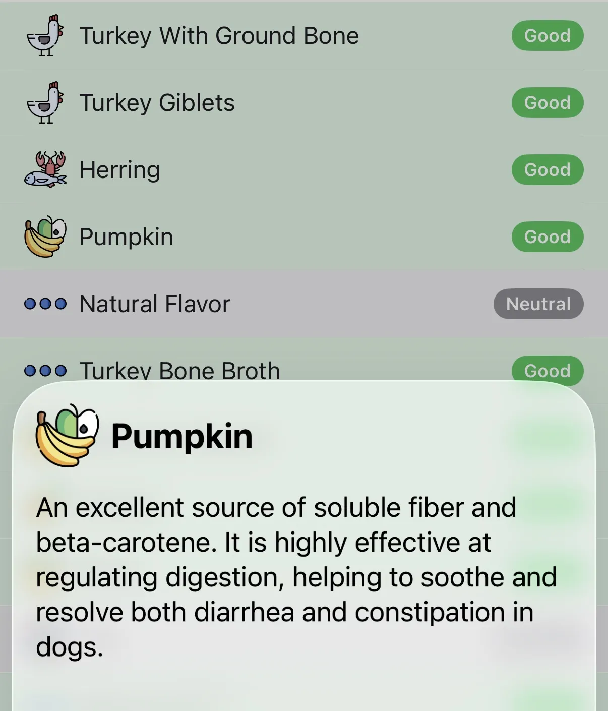 Ingredient composition breakdown with per-item scoring