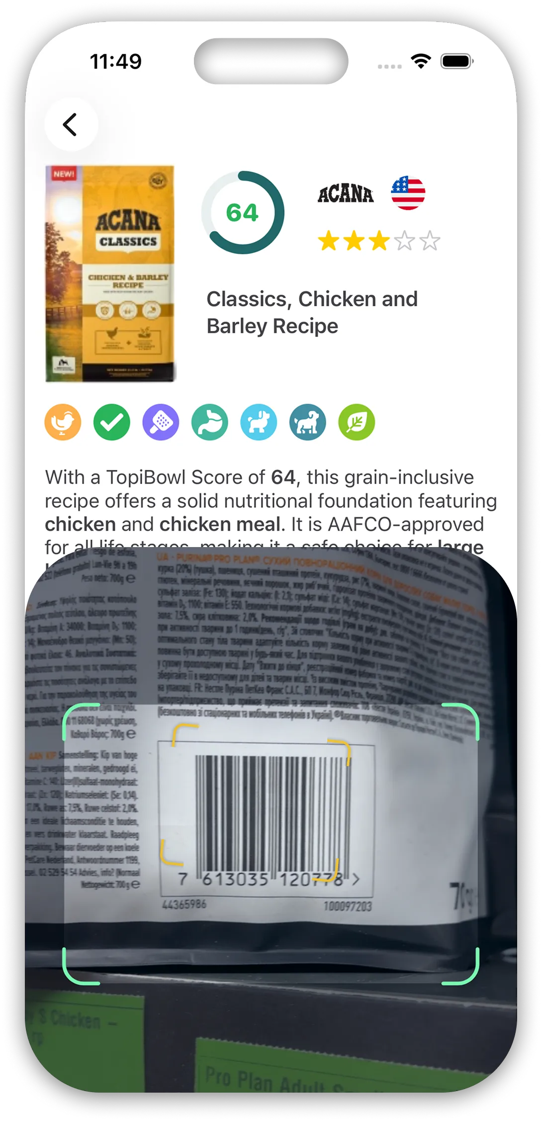 TopiBowl kibble scanner showing instant review and nutrition score